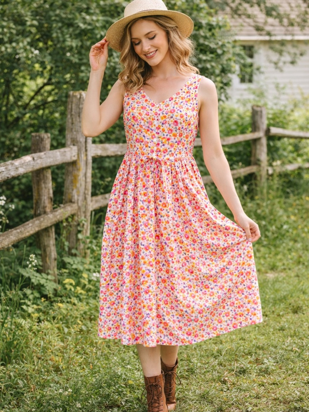 April Cornell Floral Midi Dress Cottagecore Prairie Cotton Button Front Belted S